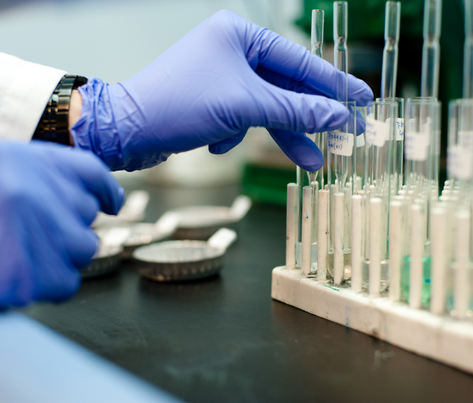 Closeup of a hand in a latex glove touching a test tube in a rack