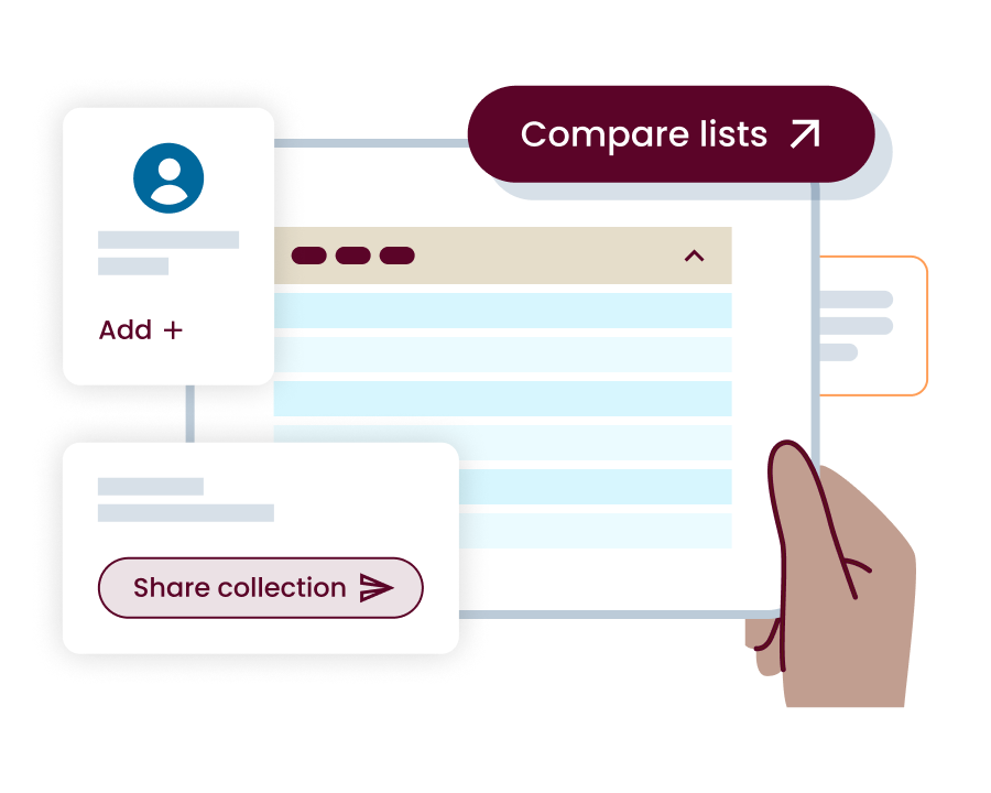Illustration of a hand holding software interface windows