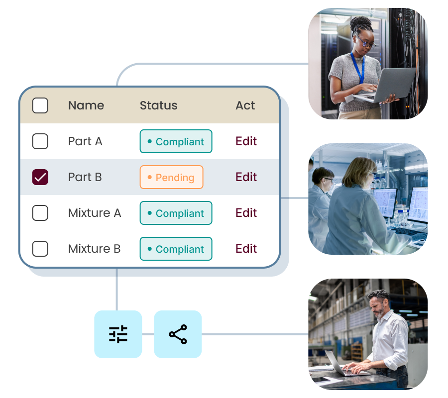 Three different people working together across the supply chain